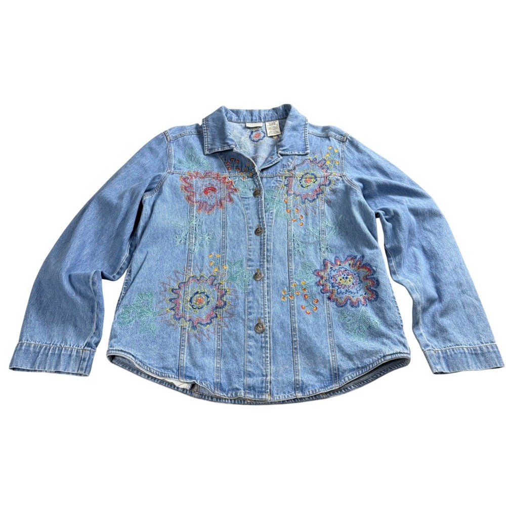 White Stag Denim Shirt Jacket Women Medium Stone Wash Floral Embroidered Boho